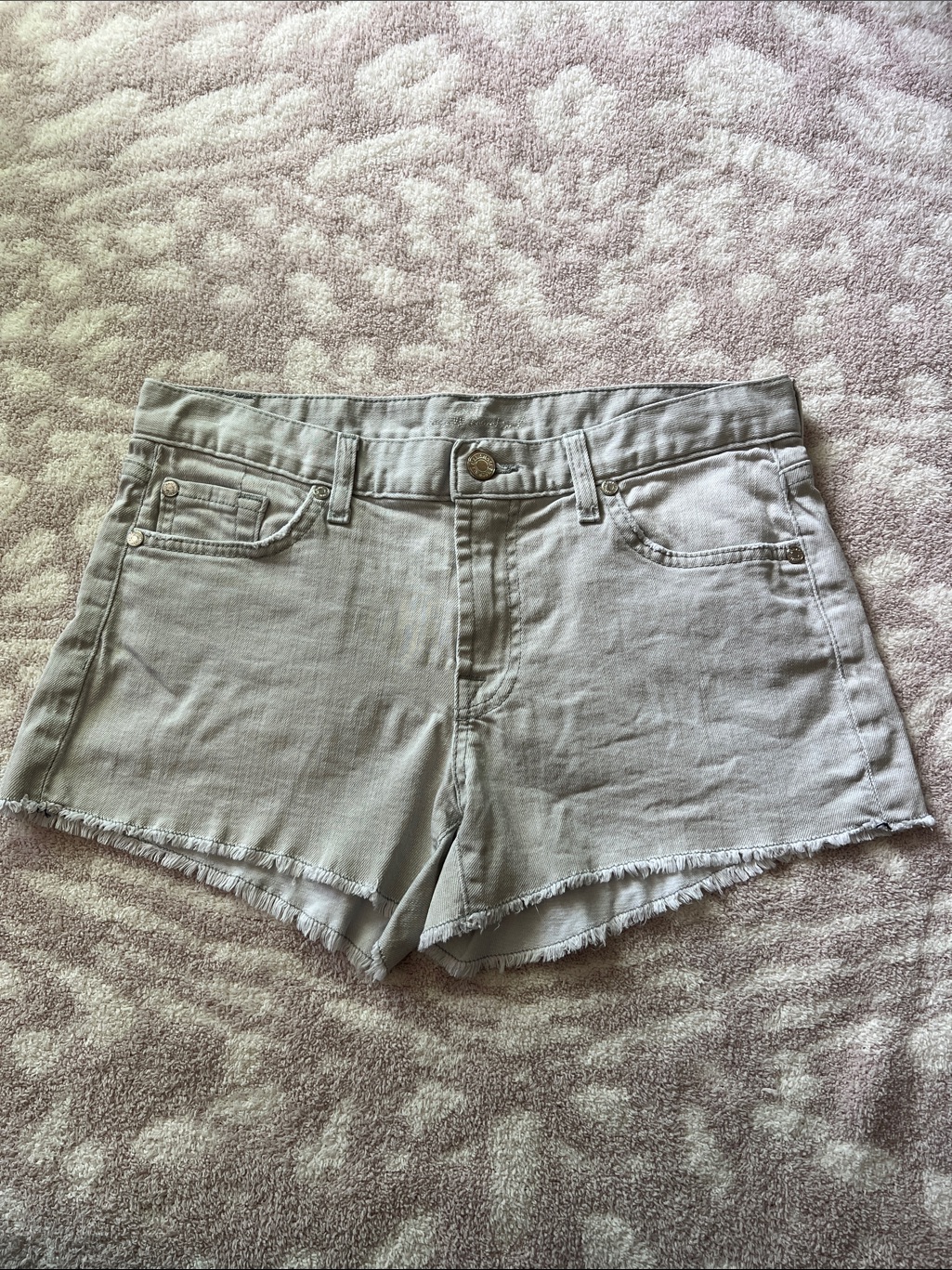 7 For All Mankind Light Gray Frayed-Hem Denim Shorts